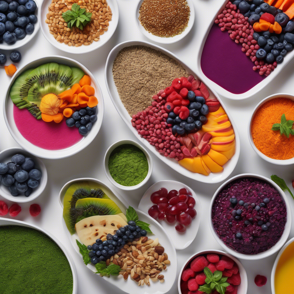 Vibrant superfoods artfully arranged, inviting presentation.